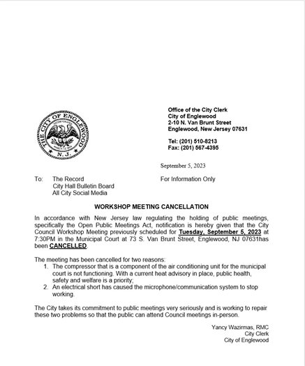 Council Workshop Meeting 090523- Cancellation