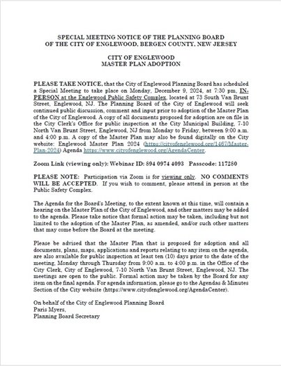 Special Meeting Notice of the Planning Board of the COE - Master Plan Adoption