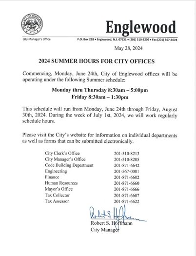 2024 Summer Hours for City Offices
