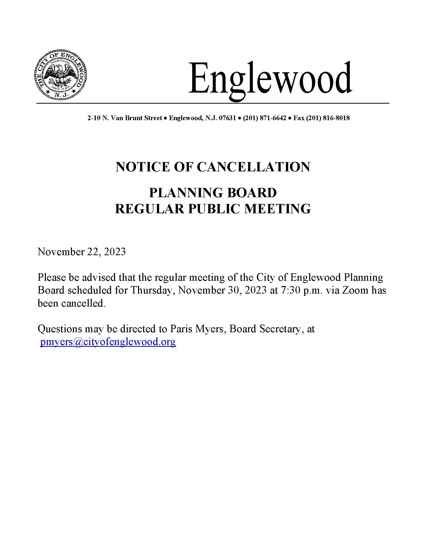 Calendar • Planning Board Meeting CANCELLED