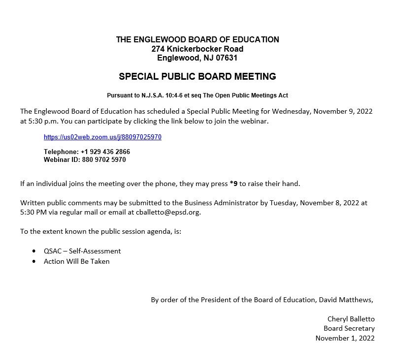 Notice of Special Public Board Meeting - November 9th 2022
