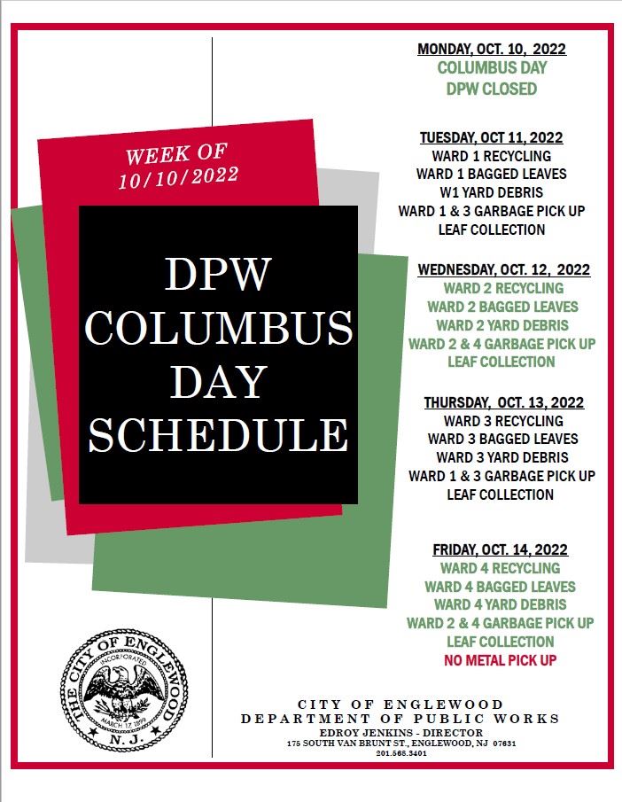 DPW Columbus Day Schedule 2022