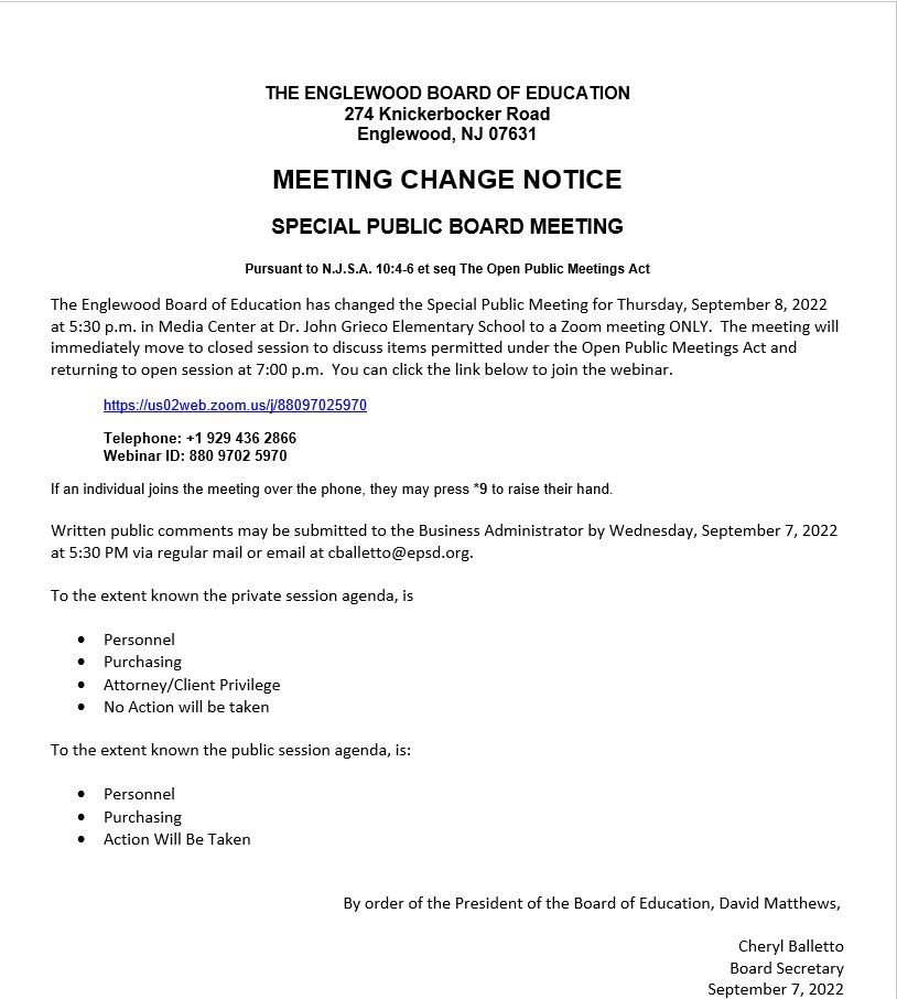 Meeting Change Notice  - Special Public Board Meeting
