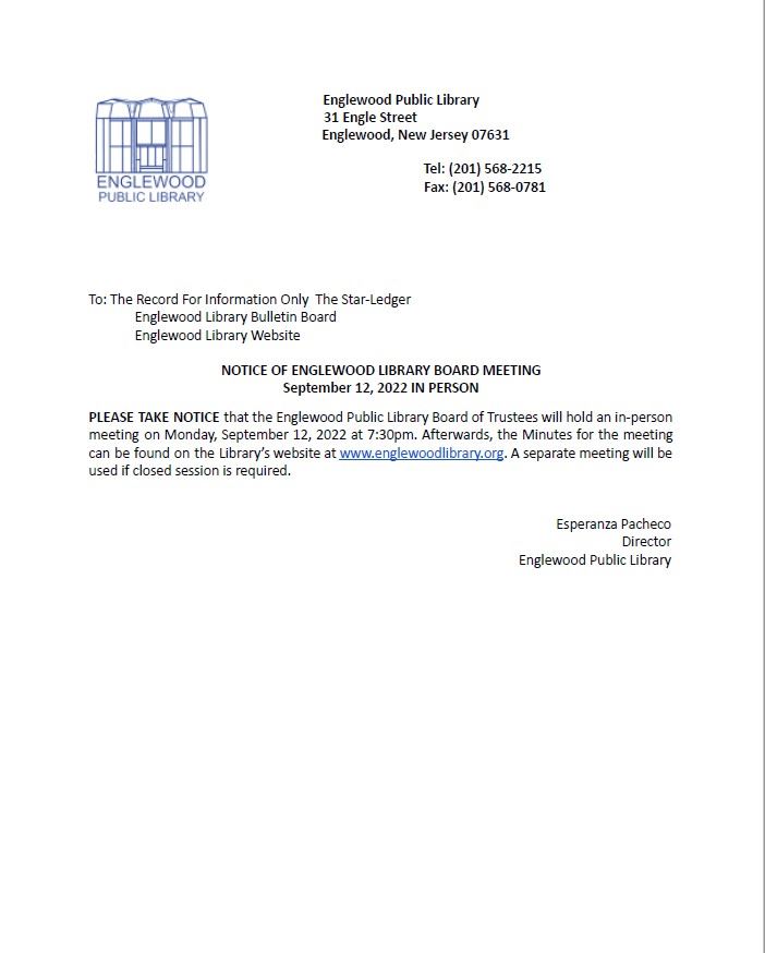 Notice of Englewood Library Board Meeting - September 12th