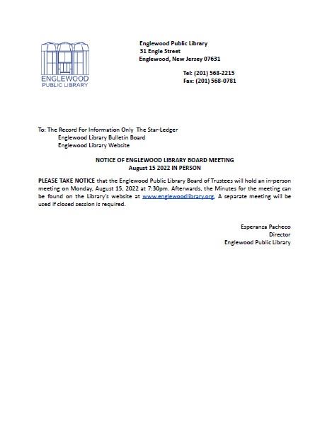 Notice of Englewood Library Board Meeting - August 15th