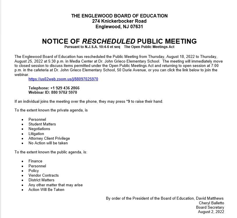 Notice of Rescheduled Public Meeting - August 25th