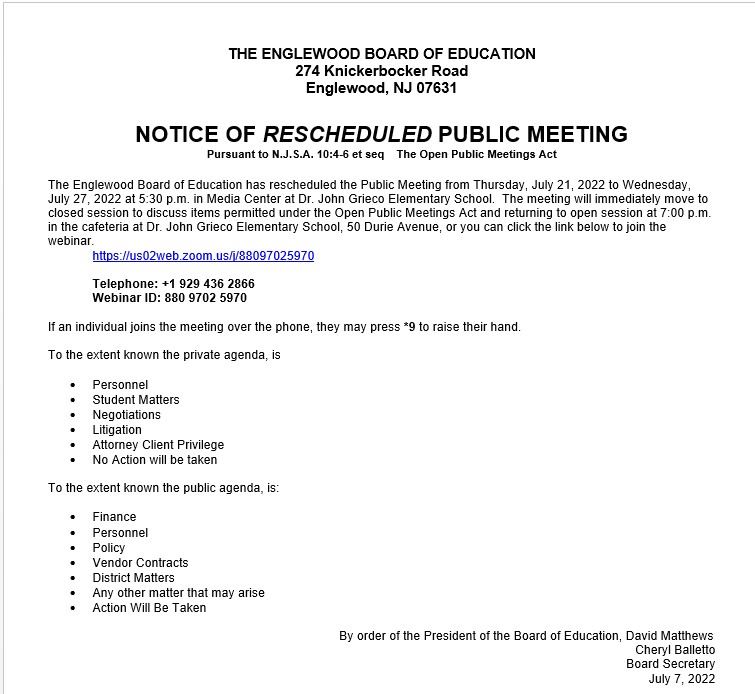 Notice of Rescheduled Public Meeting - July 27th