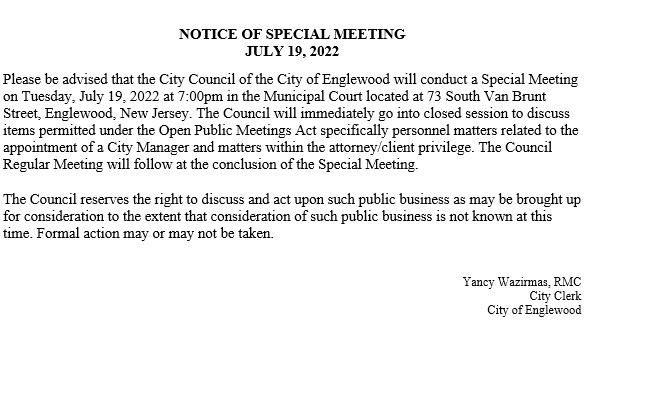 Notice of Special Meeting July 19th