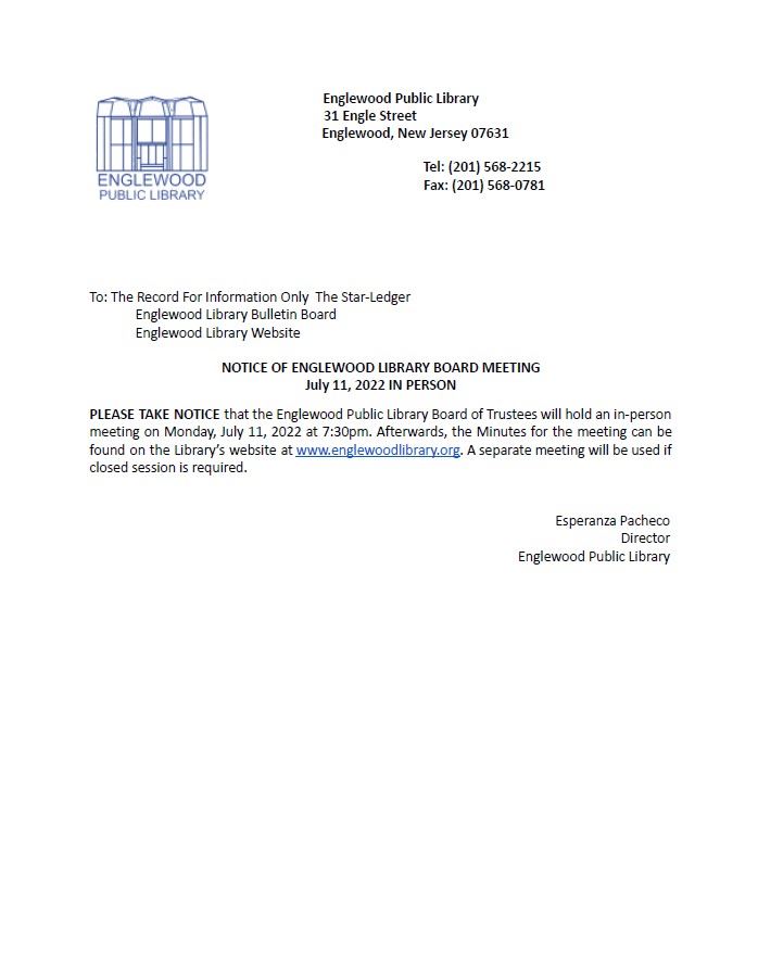 Notice of Englewood Library Board Meeting - July 11th
