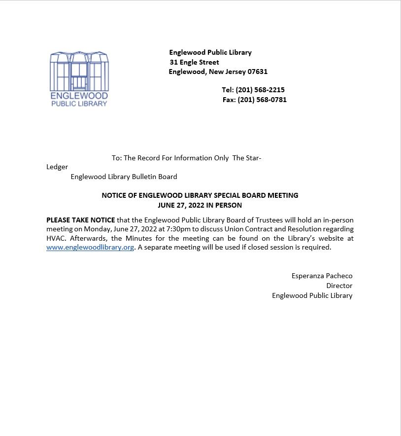 Notice of Englewood Library Special Board Meeting June 27th