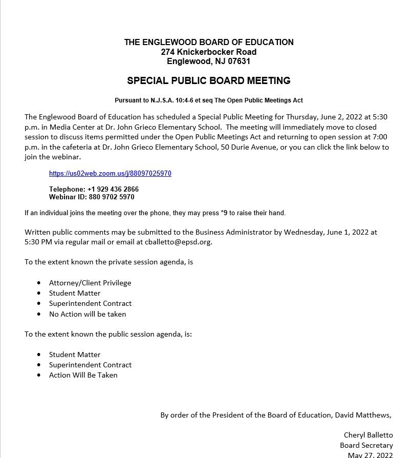 Notice of Special Public Meeting - June 2nd