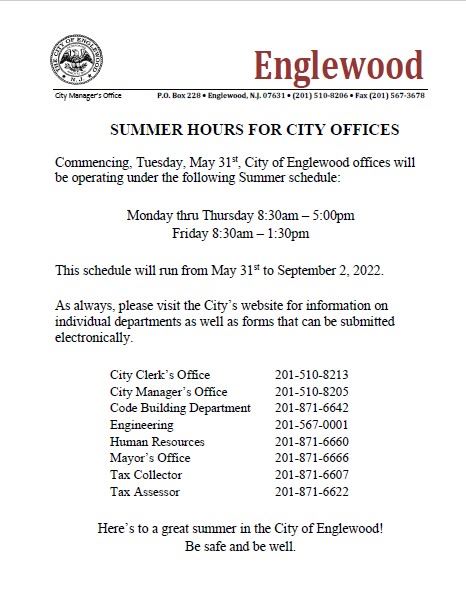Summer Hours for City Offices 2022