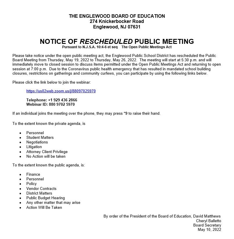 Notice of Rescheduled Public Meeting - May 26th