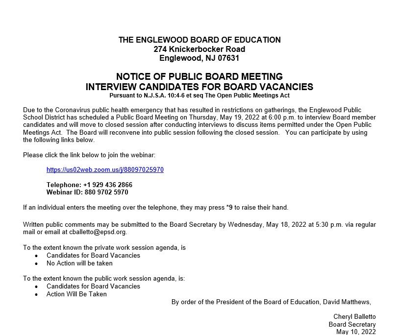 Notice of Public Board Meeting - May 19th