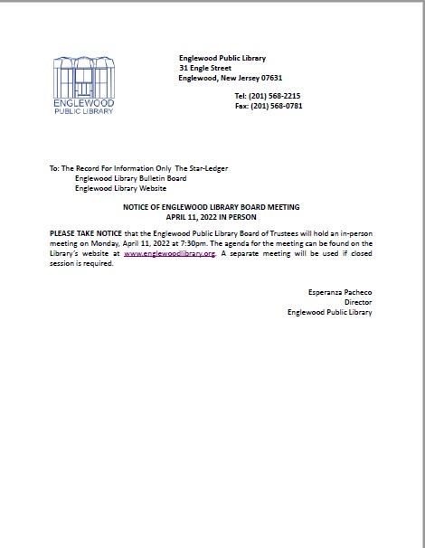 Notice of Englewood Library Board Meeting April 11th