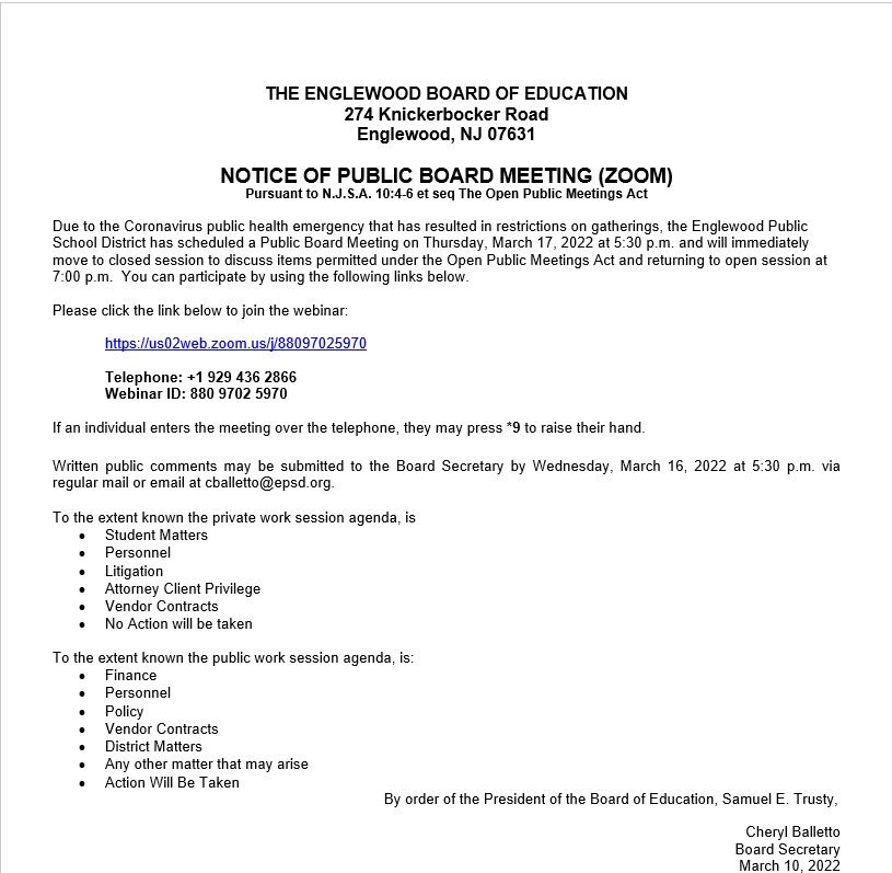 Notice of Public Board Meeting March 17th