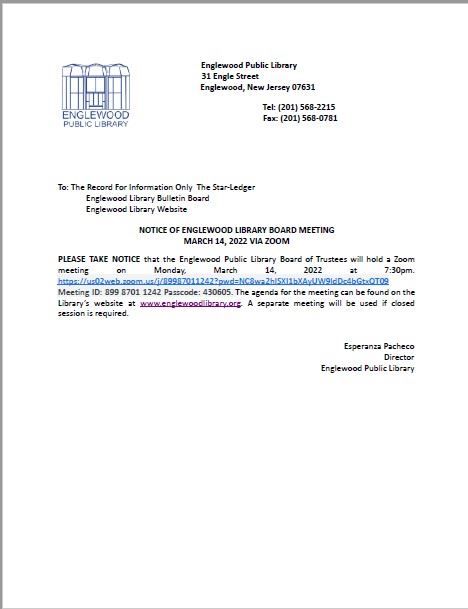Notice of Englewood Library Board Meeting March 14th