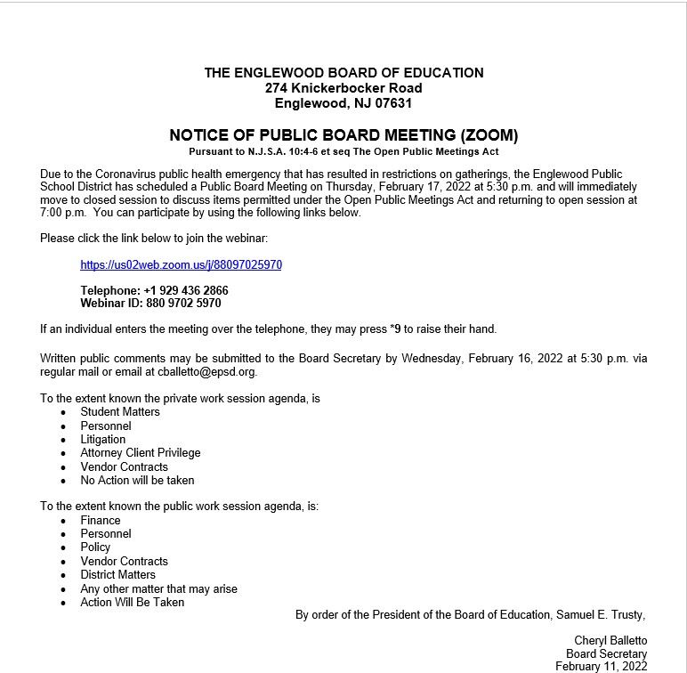 Notice of Public Board Meeting - February 17th