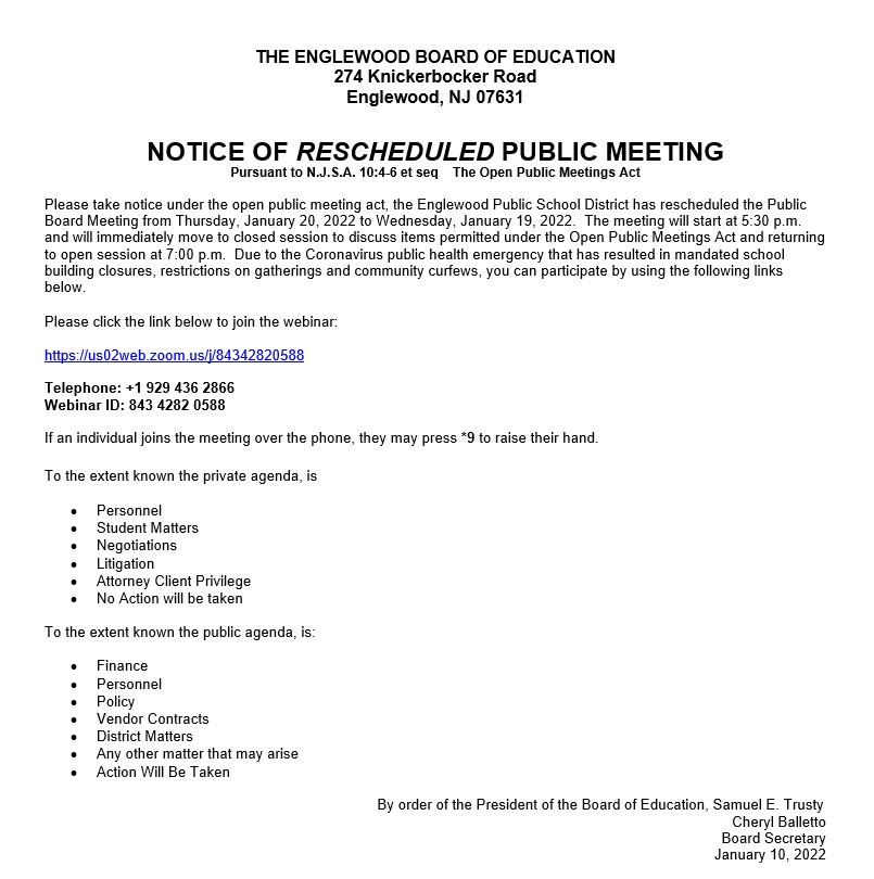 Notice of Rescheduled Public Meeting January 19 2022