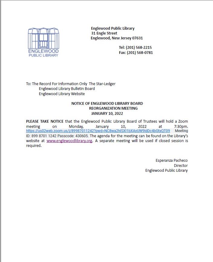 Notice of Englewood Library Board Reorganization Meeting 2022