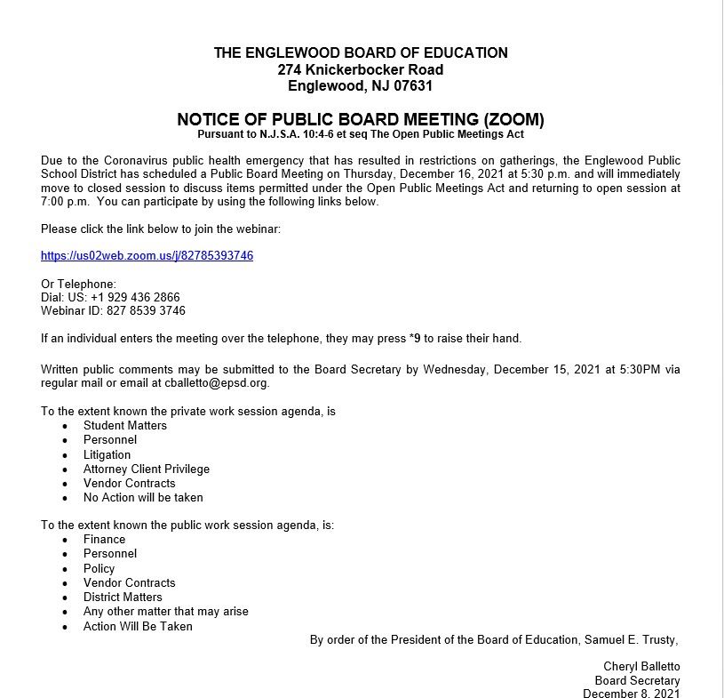 Notice of Public Board Meeting - December 16th