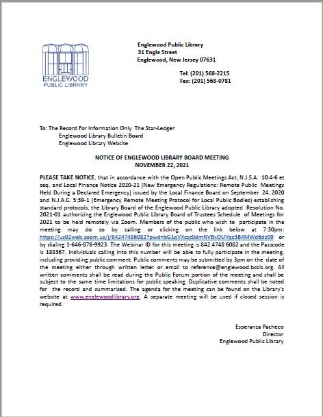 Notice of Englewood Library Board Meeting - November 22nd