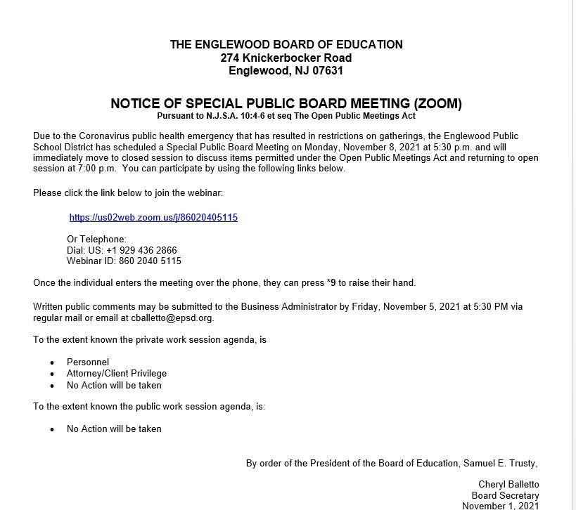 Notice of Special Public Board Meeting - November 8th 2021