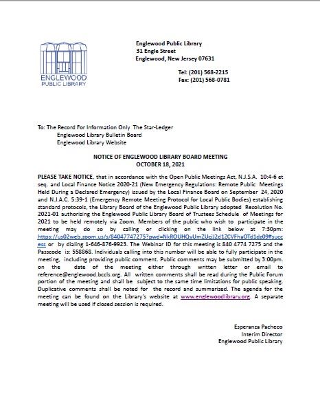 Notice of Englewood Library Board Meeting October 18th