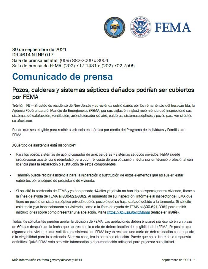 FEMA Damaged Wells, Furnaces and Septic Systems Spanish
