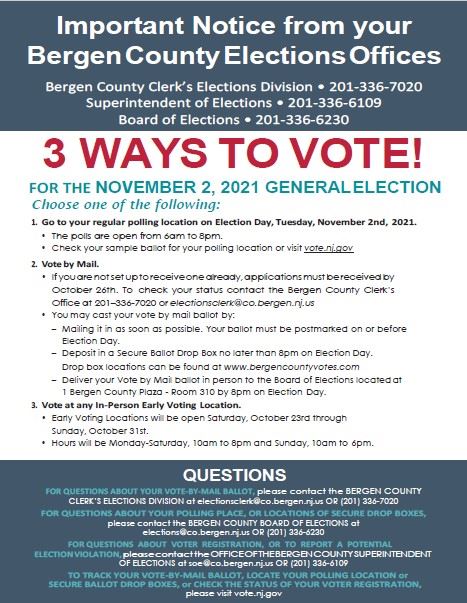 Bergen County 3 Ways to  Vote