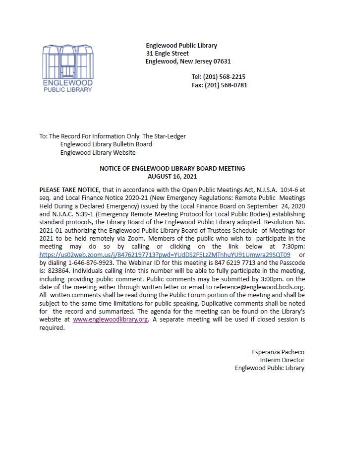 Notice of Englewood Library Board Meeting 