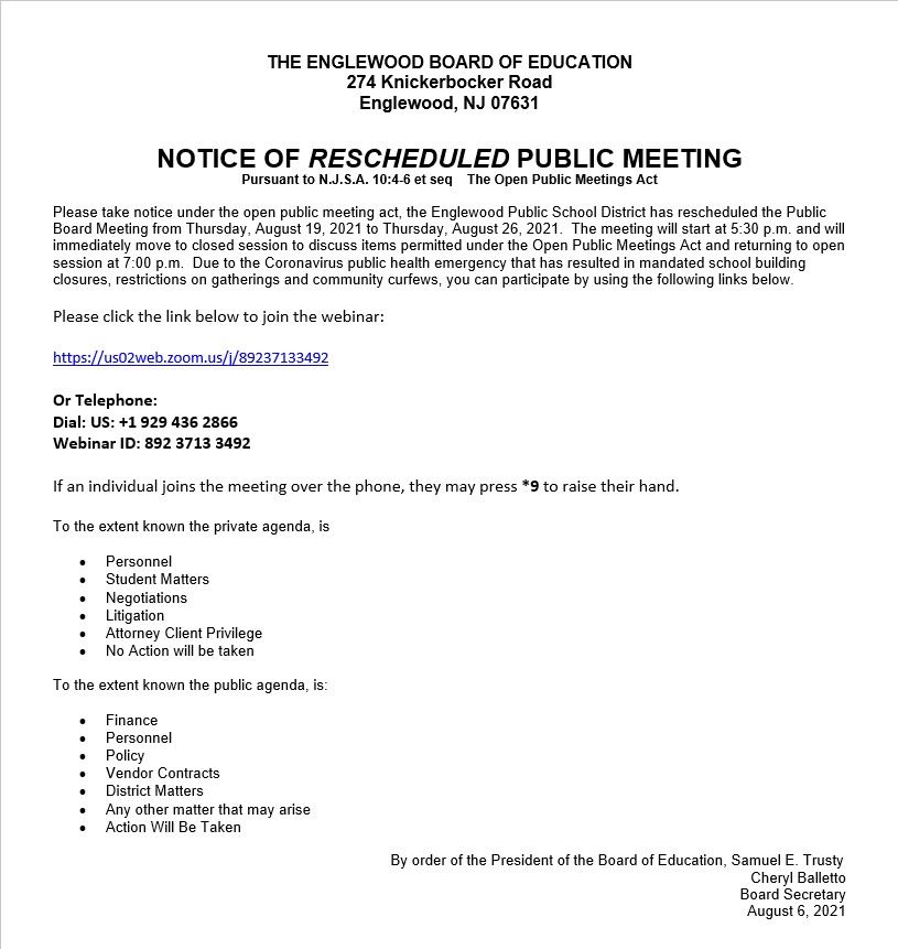 notice of Rescheduled Public Meeting - August 26th
