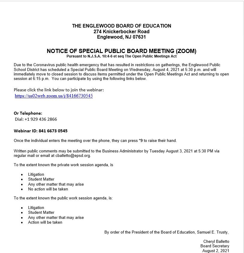 Notice of Special Public Board Meeting - August 4th