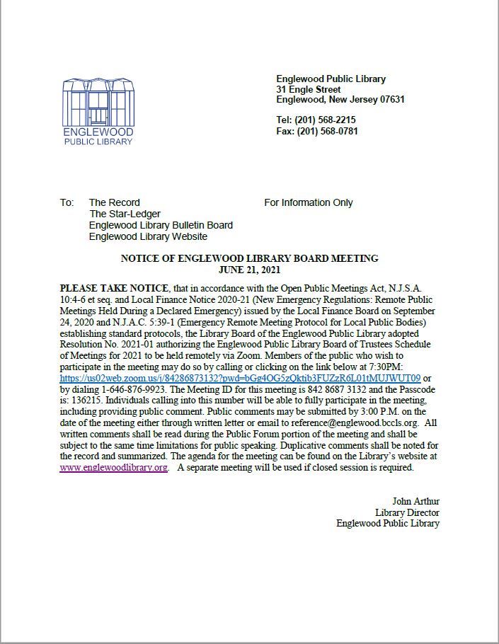 Notice of Englewood Library Board Meeting June 21, 2021