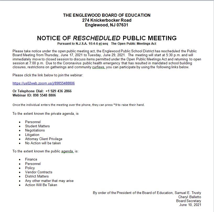 Notice of Rescheduled Public Meeting - June