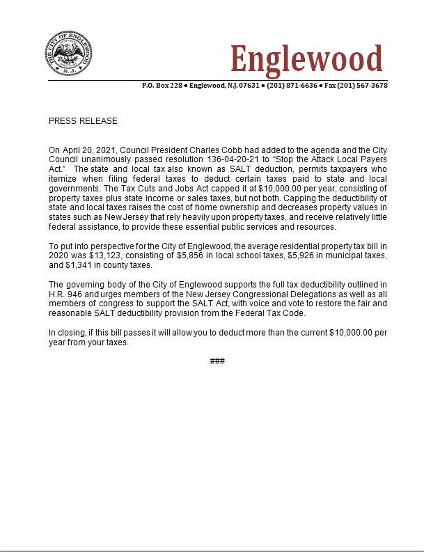 Press Release - SALT Deduction