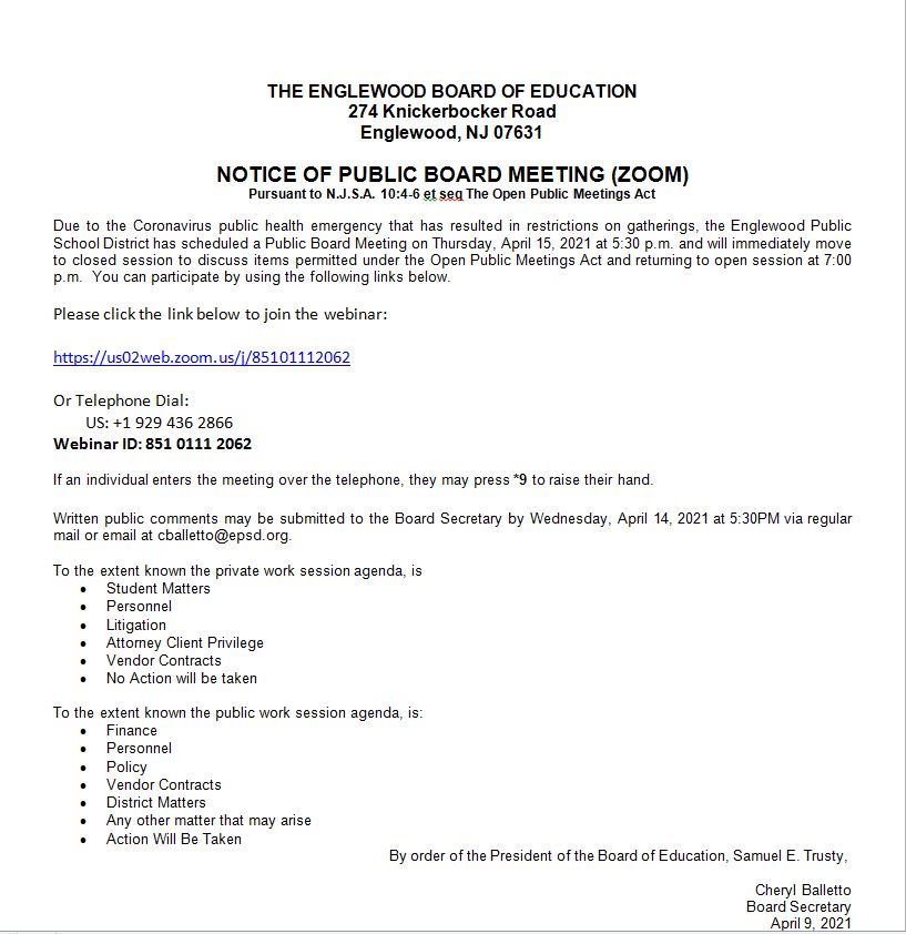 Notice of Public Board Meeting April 15th