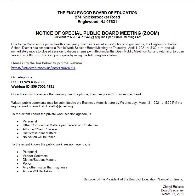 Notice of Special Public Meeting -  Board of Education - April 1st