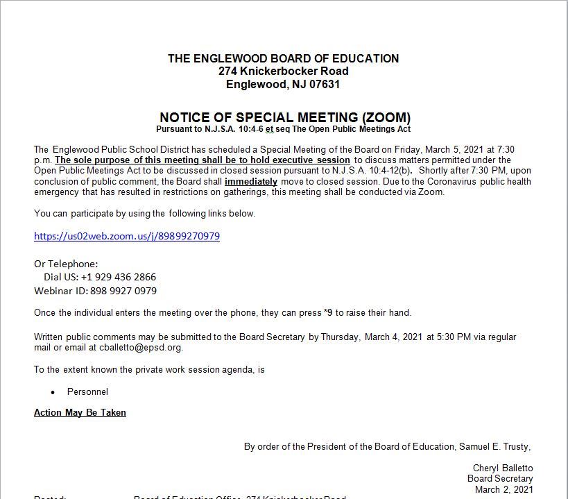 Notice of Special Meeting - Board of Education - March 5th