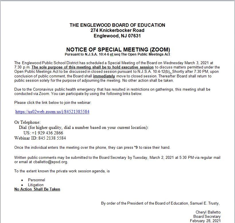 Notice of Special Meeting Board of Education - March 3rd