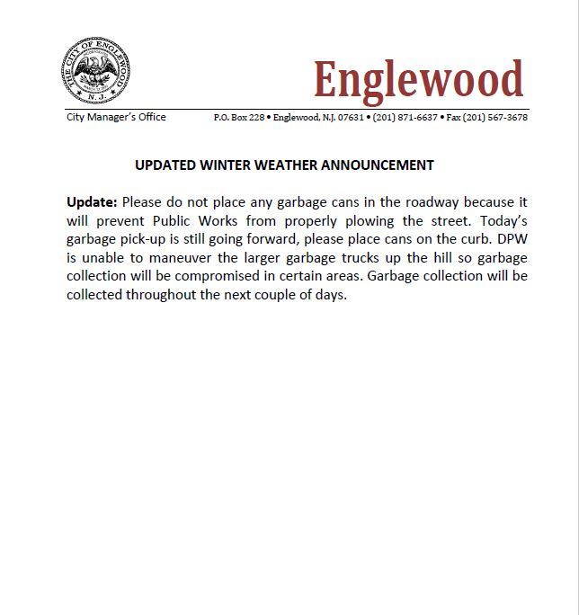 Updated Winter Weather Announcement Regarding DPW