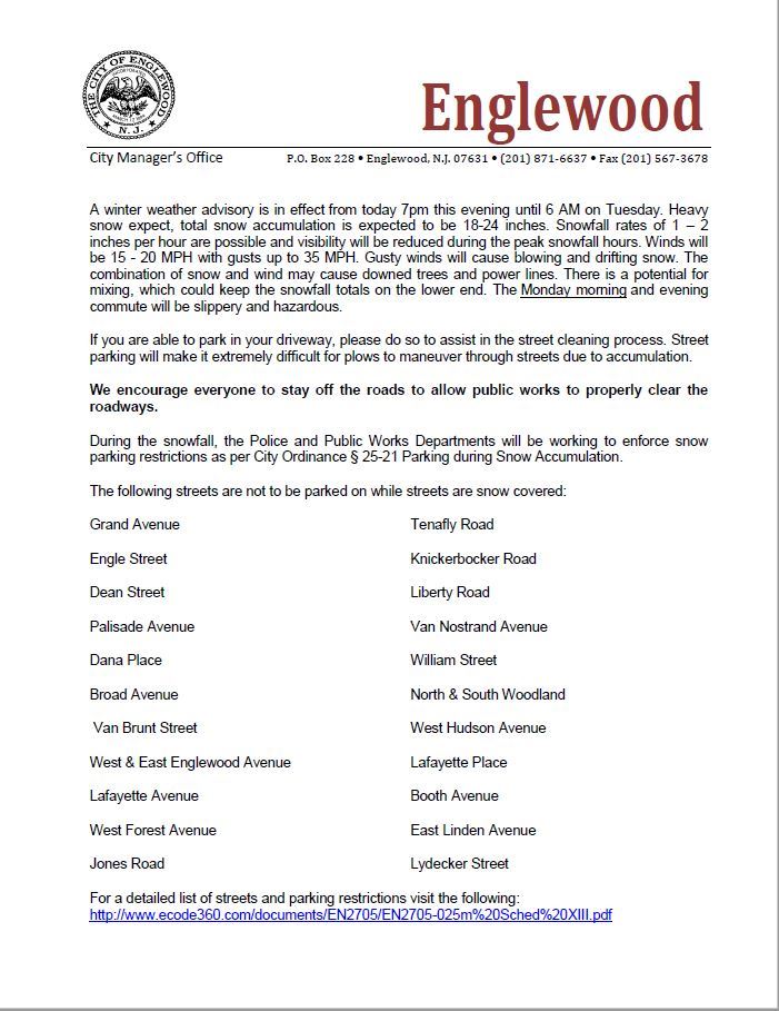 Winter Weather Announcement from City Manager - Page 1