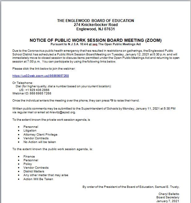 Notice of Public Session Meeing - January 12th