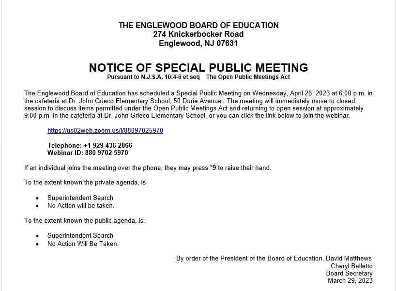 Notice of Special Public Meeting - April 26th