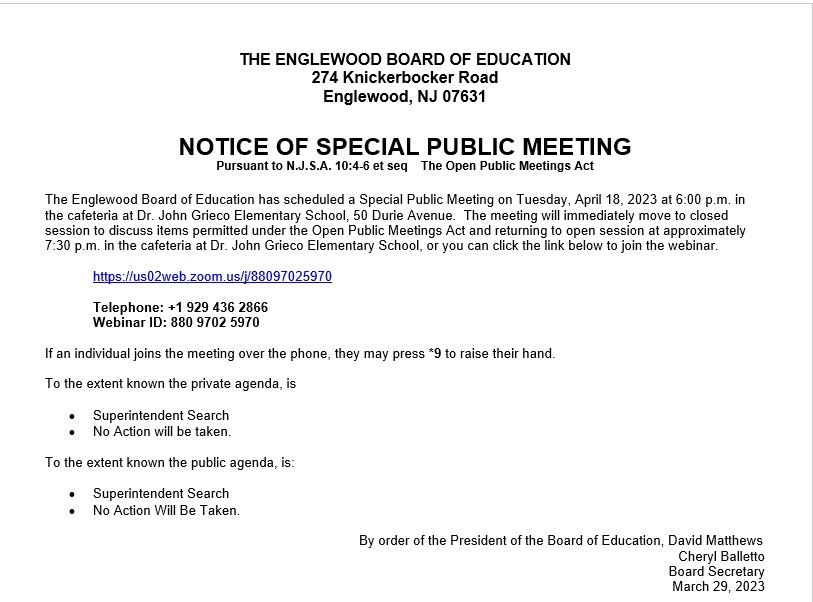 Notice of Special Public Meeting - April 18th
