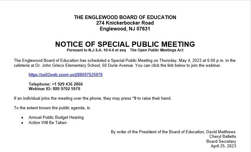 Notice of Special Public Meeting - May 2023