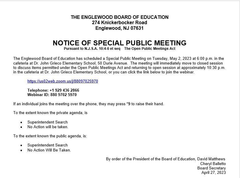 Notice of Special Public Meeting - May 2nd