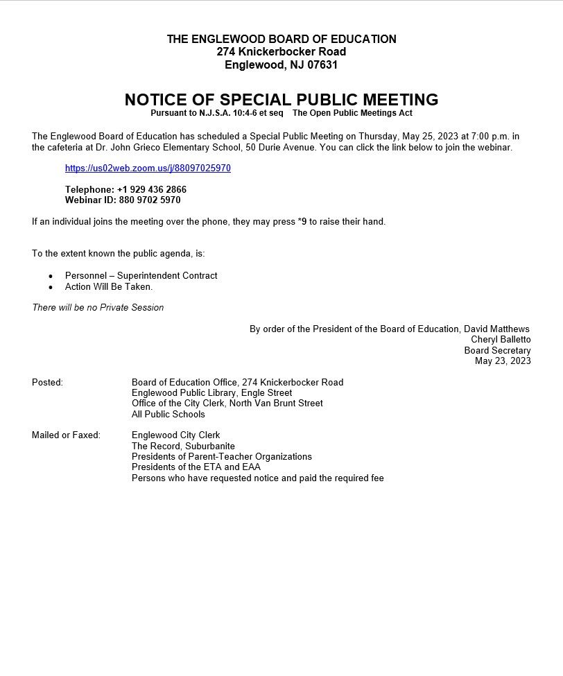 Notice of Special Public Meeting - May 25th