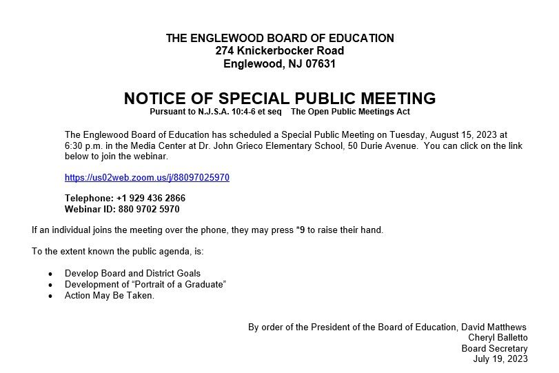 Notice of Special Public Meeting - August 15th