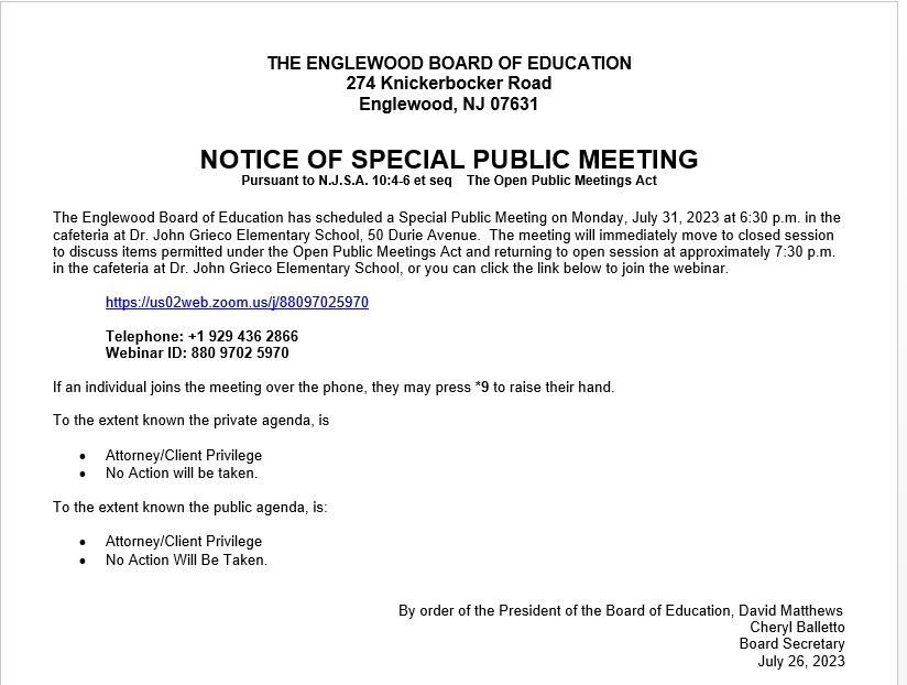 Notice of Special Public Meeting - July 31st